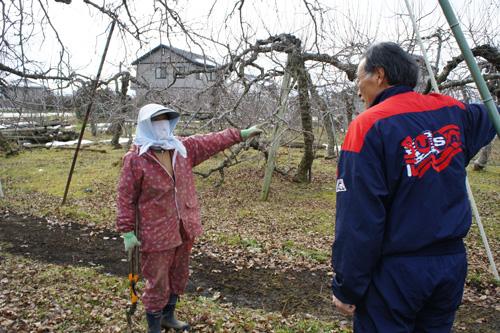 一本石について、農作業中の女性に聞く男性の写真